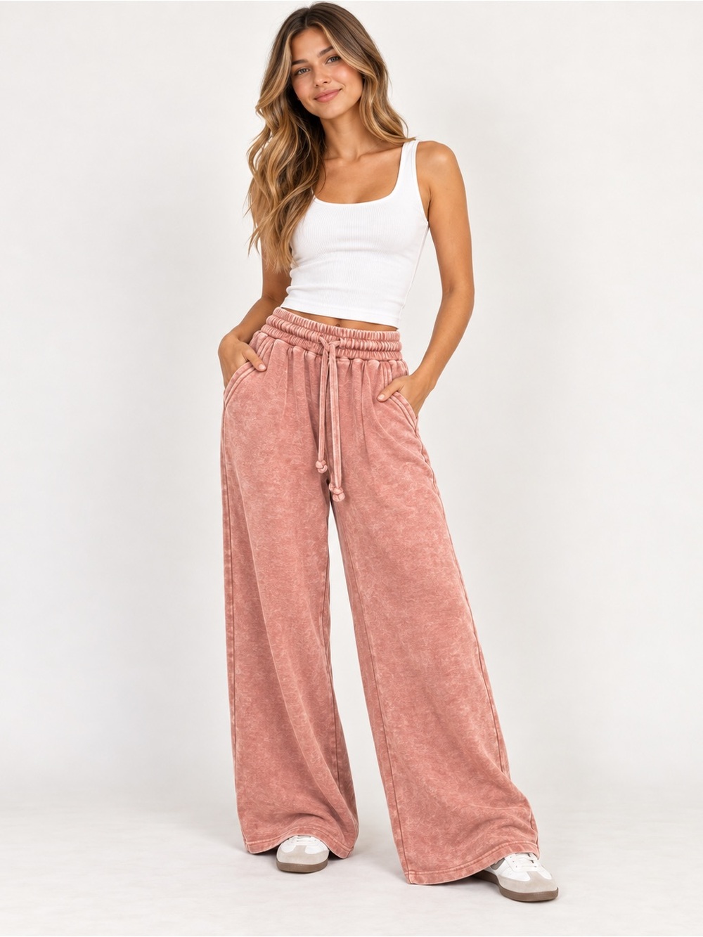 Zenana Rust Acid Washed Fleece Palazoo Pants w/ Pockets
